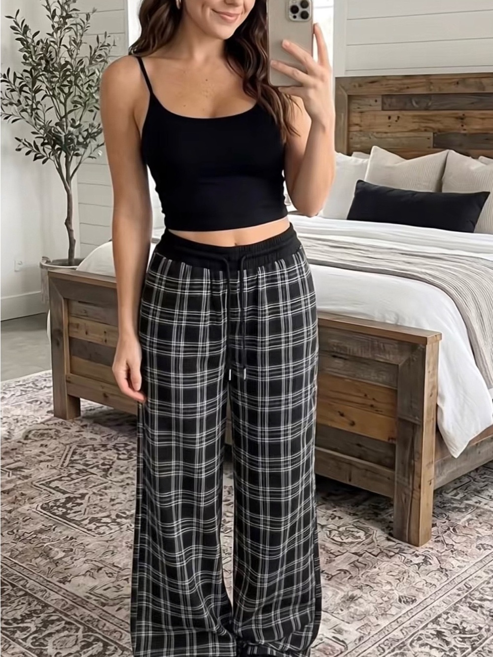 Black Plaid Wide-Leg Lounge Pants & Tank Top Set XL